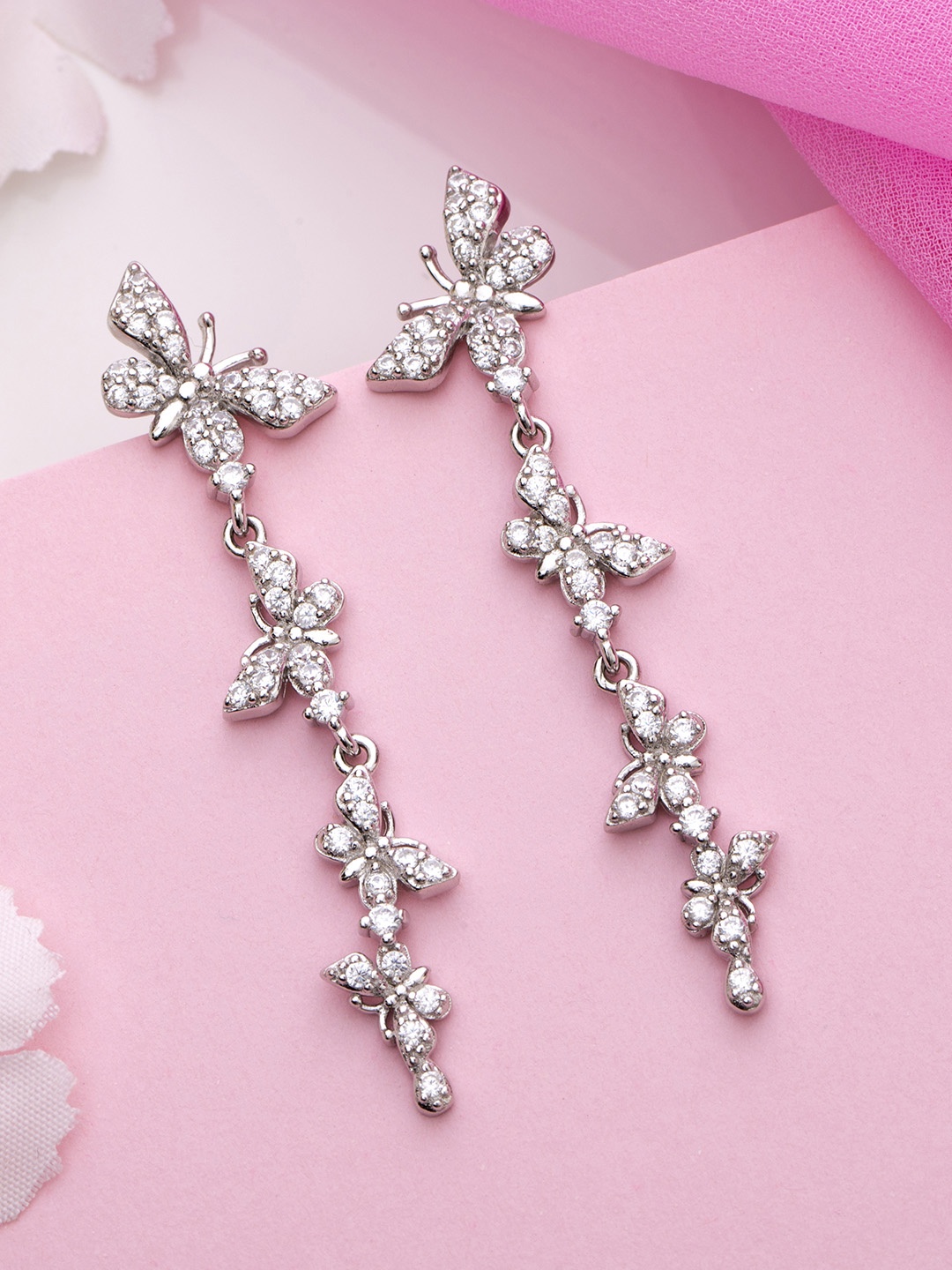 

Zavya Rhodium-Plated CZ Studded Sterling Silver Floral Drop Earrings
