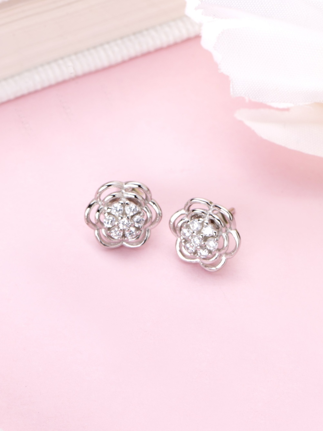

Zavya Rhodium-Plated CZ Studded Sterling Silver Floral Studs Earrings