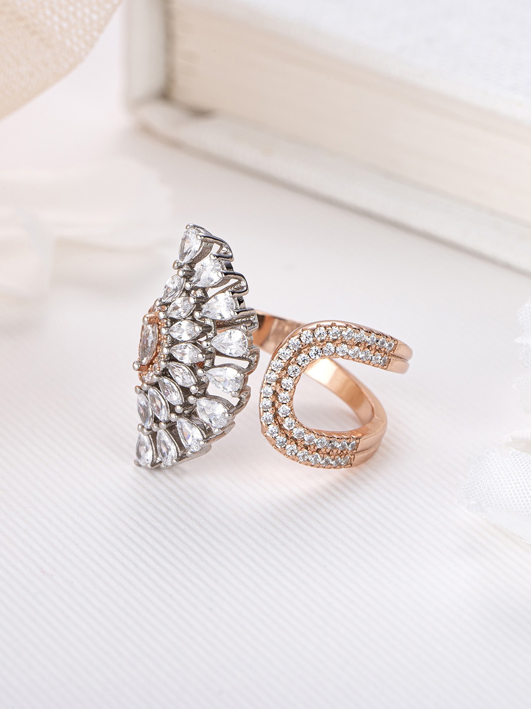 

Zavya Women Rose Gold-Plated CZ Studded Sterling Silver Finger Ring