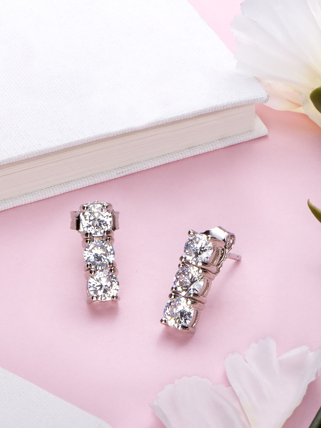 

Zavya Rhodium-Plated CZ Studded Sterling Silver Geometric Studs Earrings