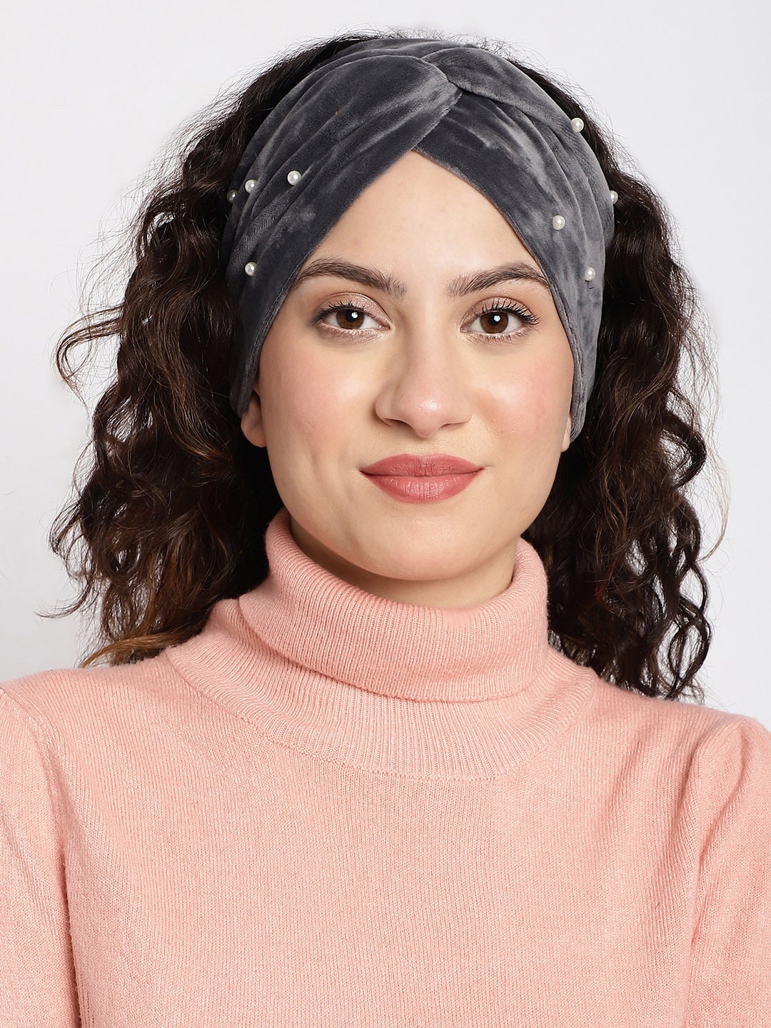 

ELLIS Pearl Beaded Velvet Bandana Headband, Grey