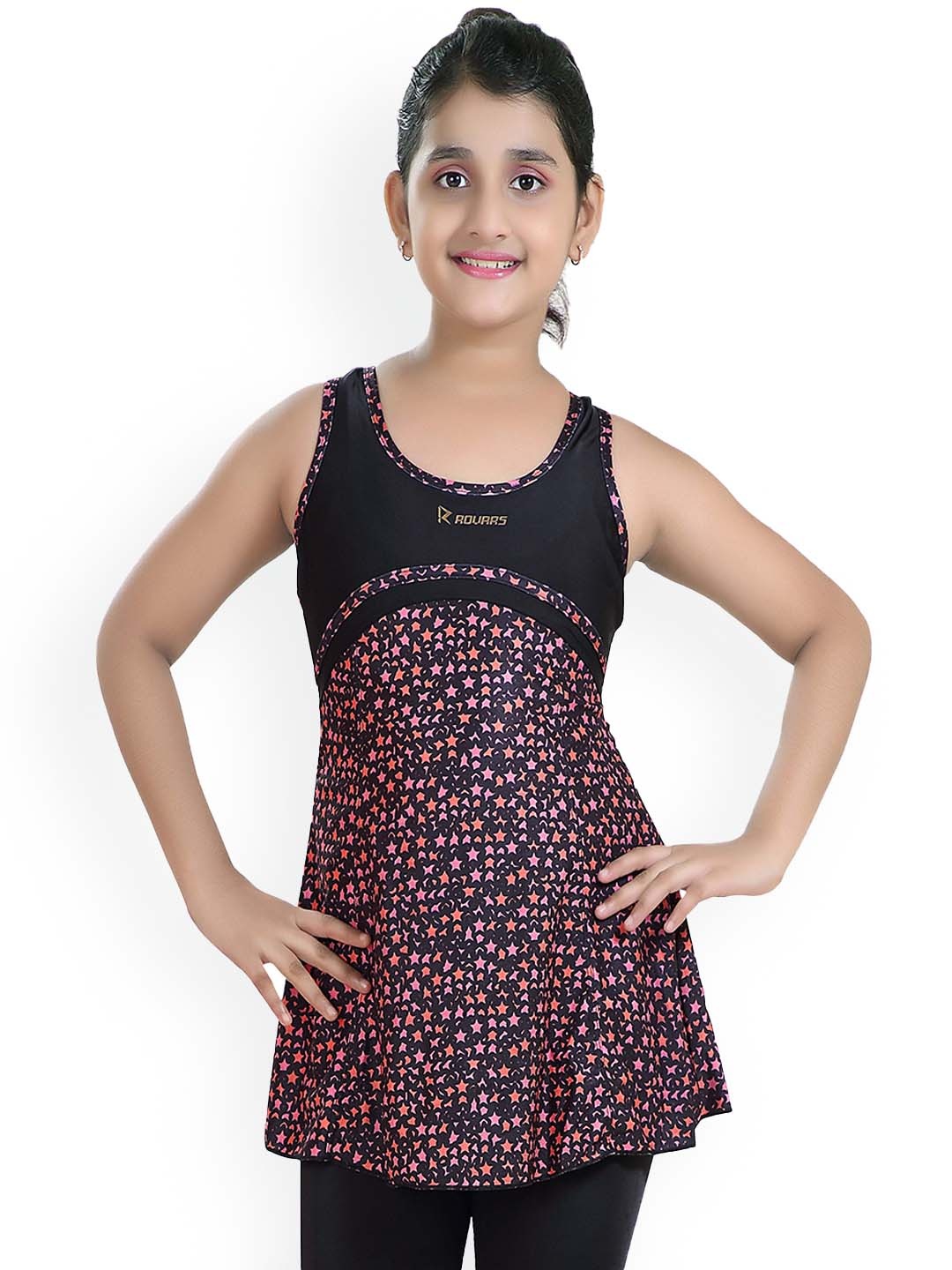 

ROVARS Girls Printed Swimming Dress, Black