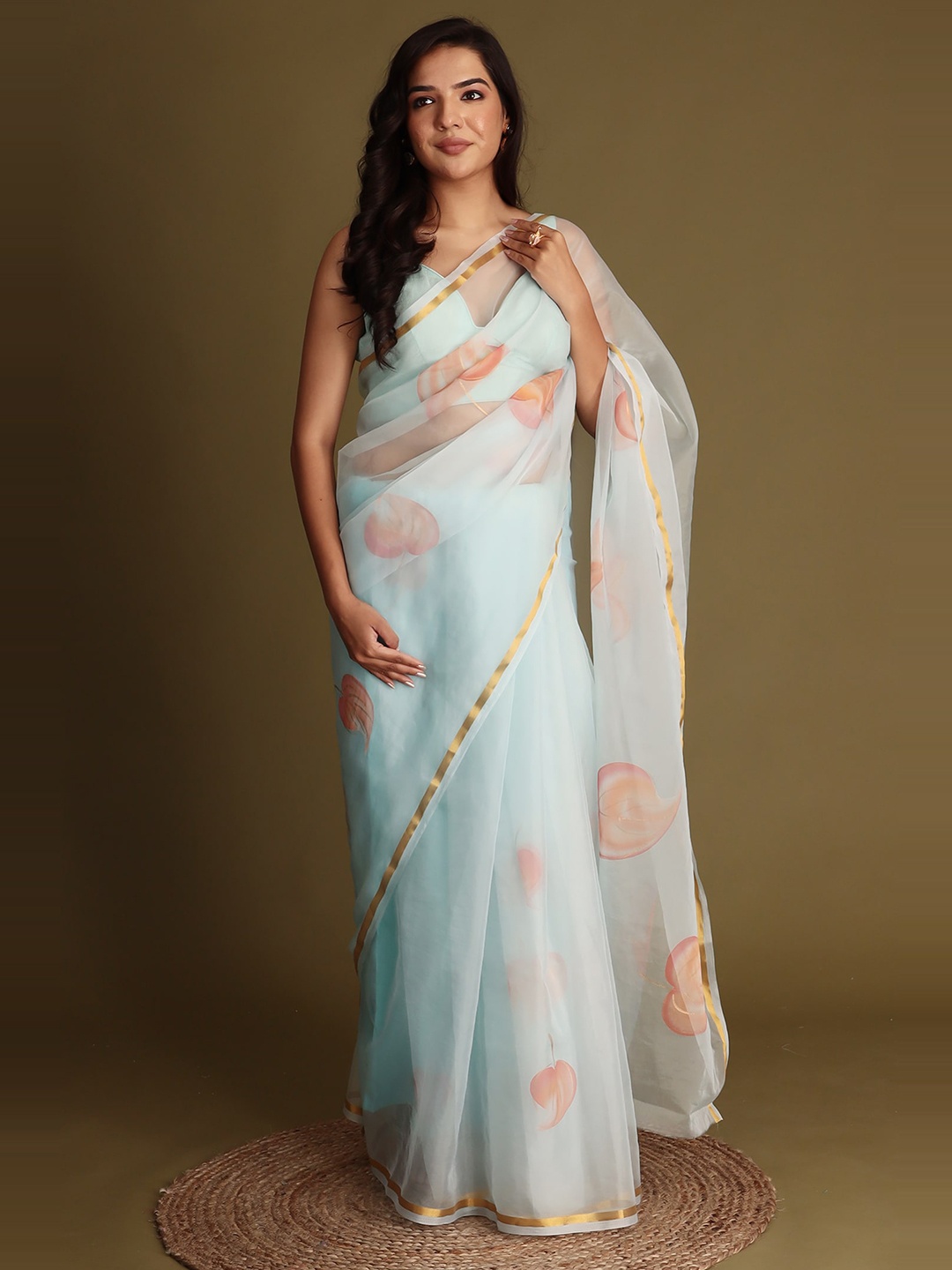 

ZARI Floral Printed Zari Organza Saree, Blue