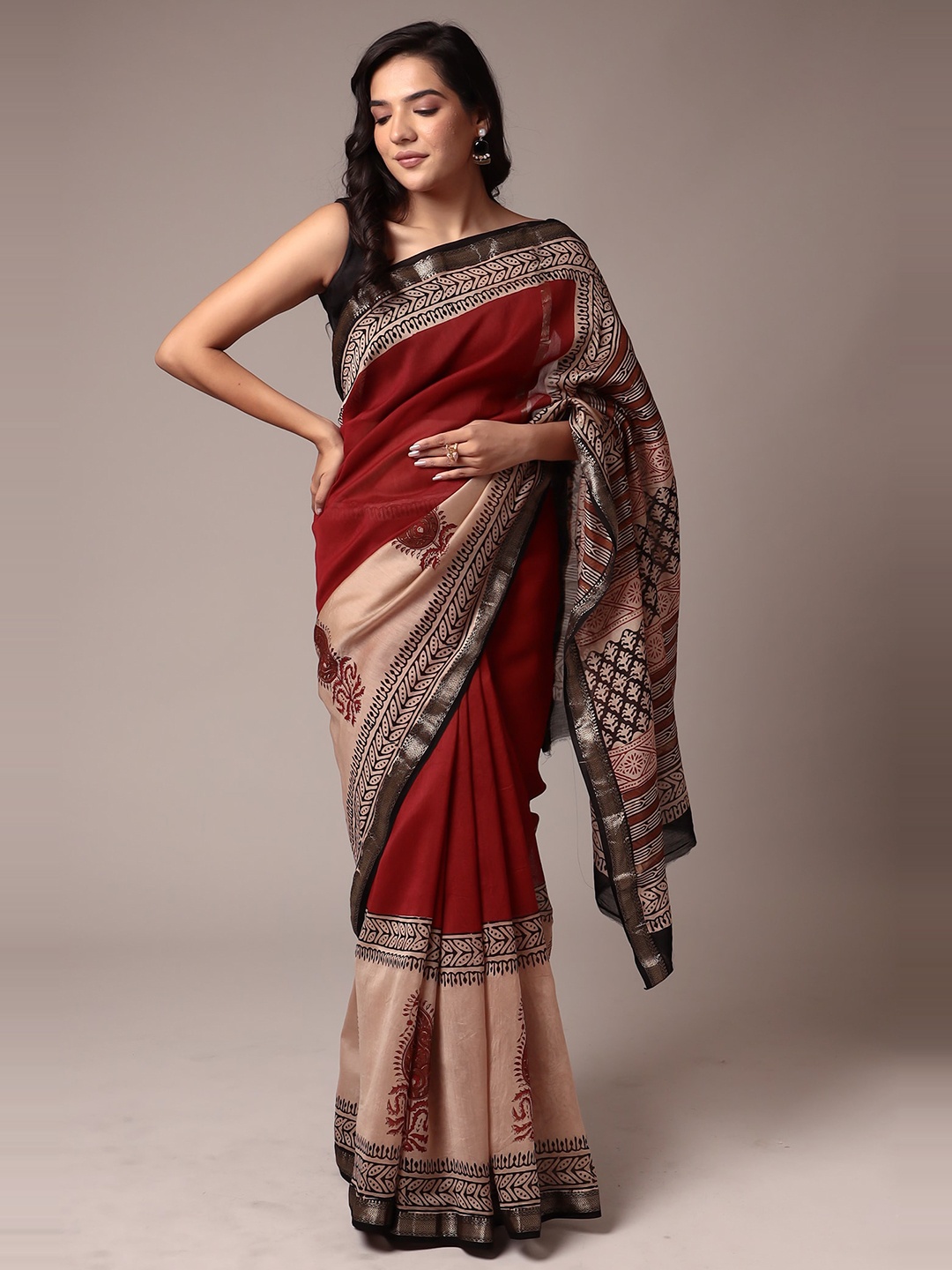 

ZARI Ethnic Motifs Printed Pure Cotton Saree, Maroon