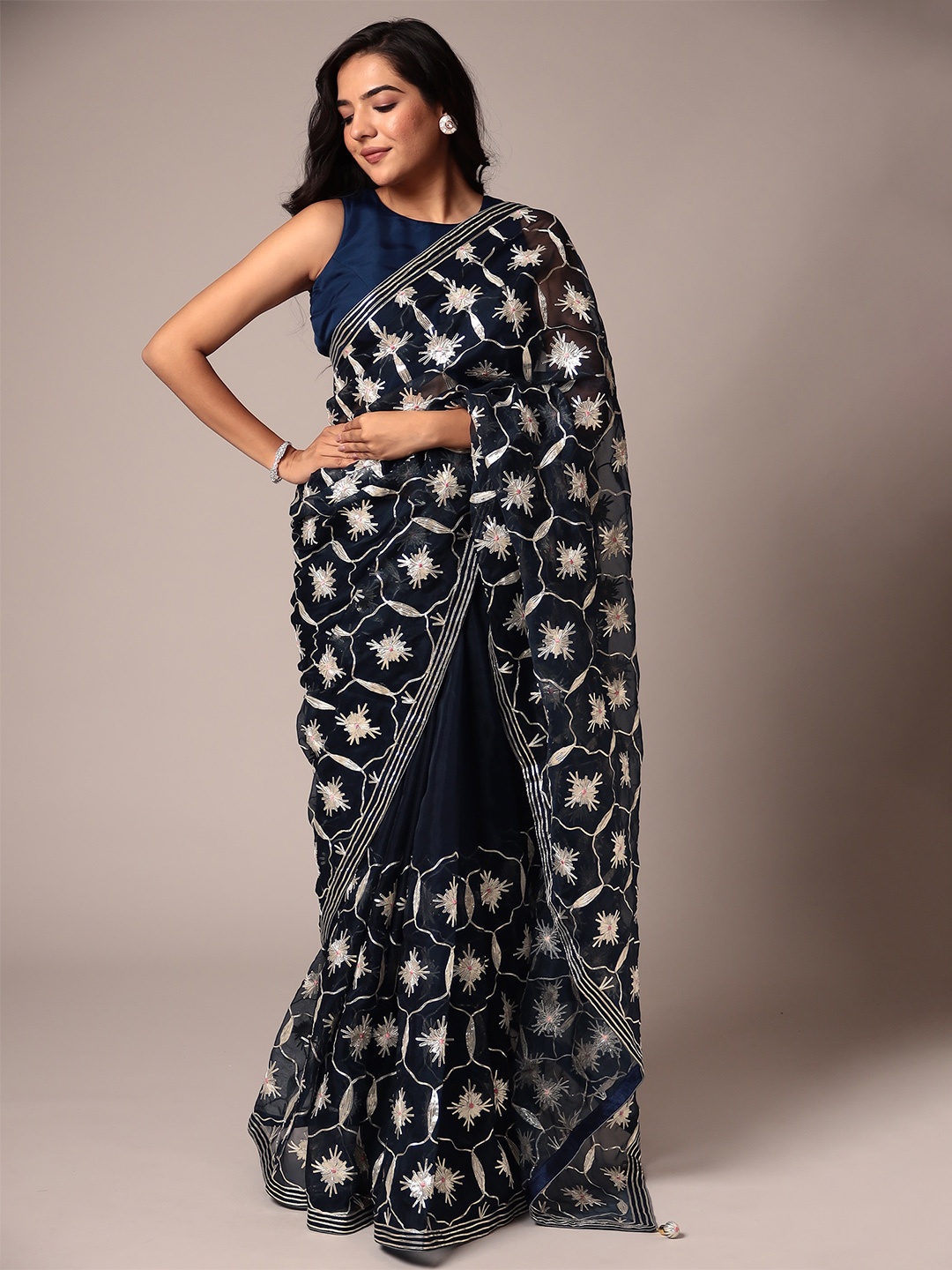 

ZARI Floral Embroidered Organza Saree, Navy blue