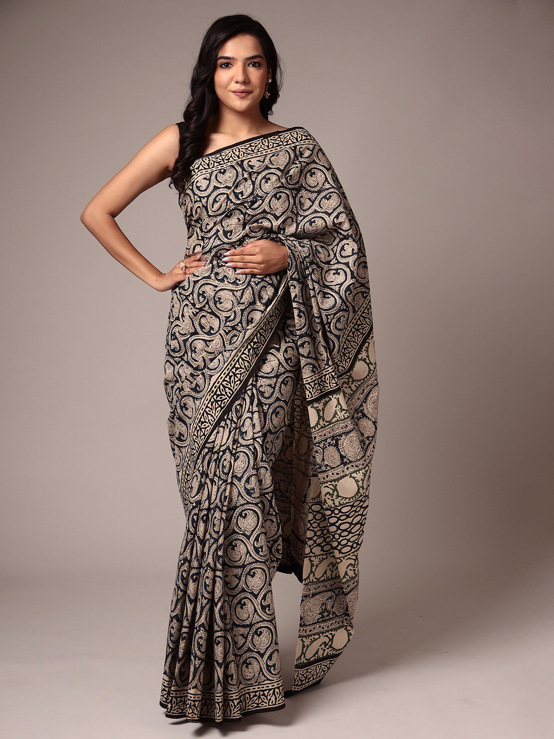 

ZARI Ethnic Motifs Printed Pure Cotton Saree, Blue