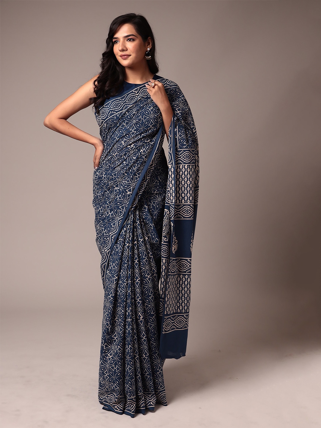 

ZARI Ethnic Motifs Printed Pure Cotton Saree, Blue