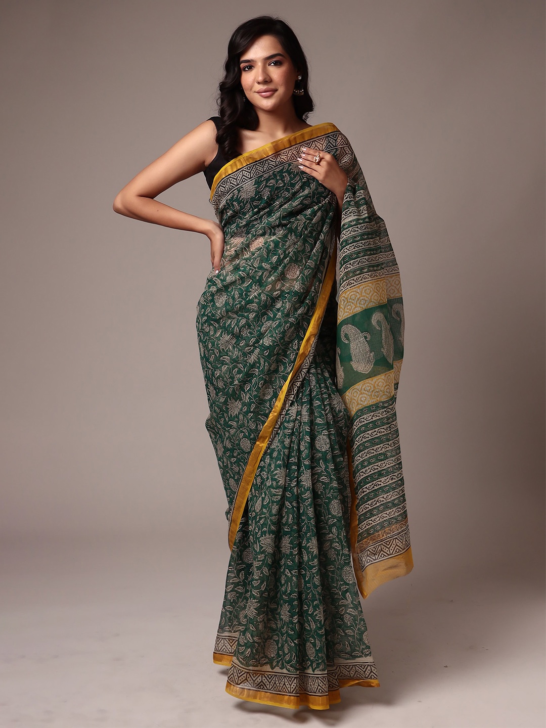 

ZARI Ethnic Motifs Printed Zari Pure Cotton Saree, Green