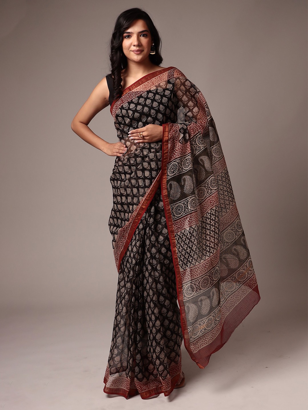 

ZARI Ethnic Motifs Printed Zari Pure Cotton Saree, Black