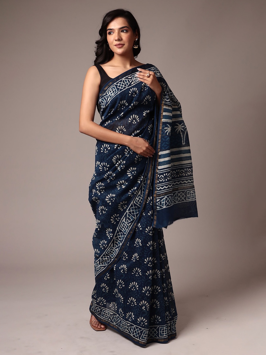 

ZARI Ethnic Motifs Printed Zari Organza Saree, Blue