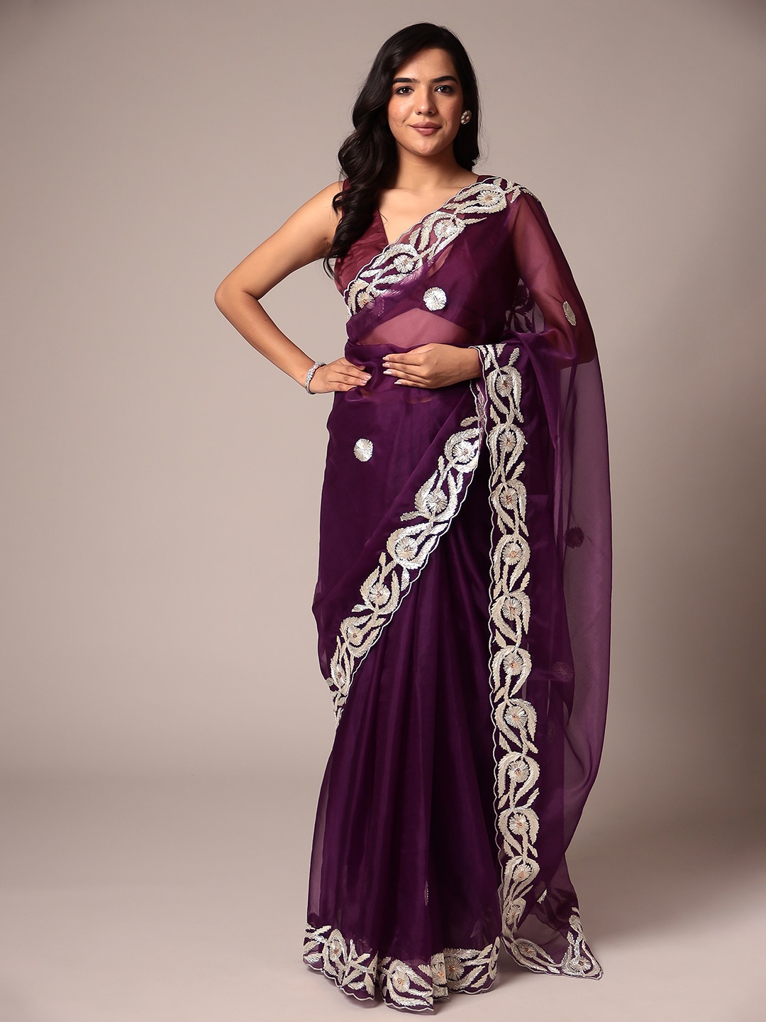 

ZARI Floral Embroidered Organza Saree, Purple