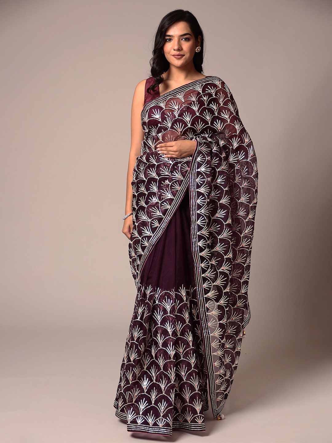 

ZARI Floral Embroidered Organza Saree, Purple