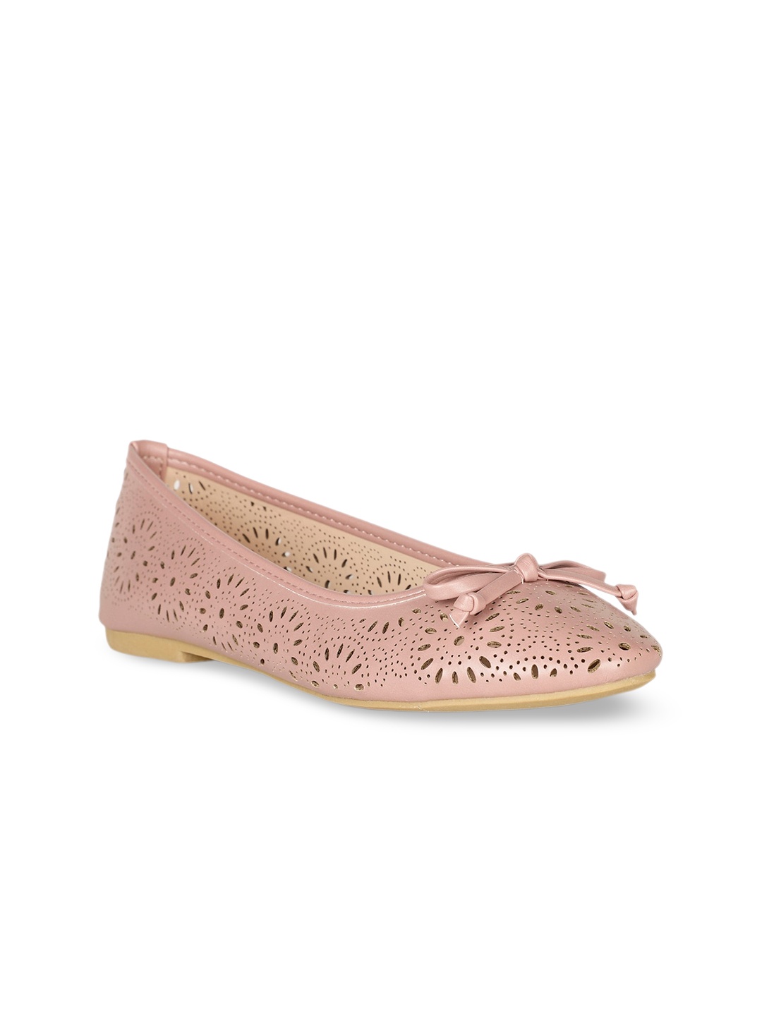 

Bata Round Toe Textured Ballerinas With Laser Cuts & Bows, Pink