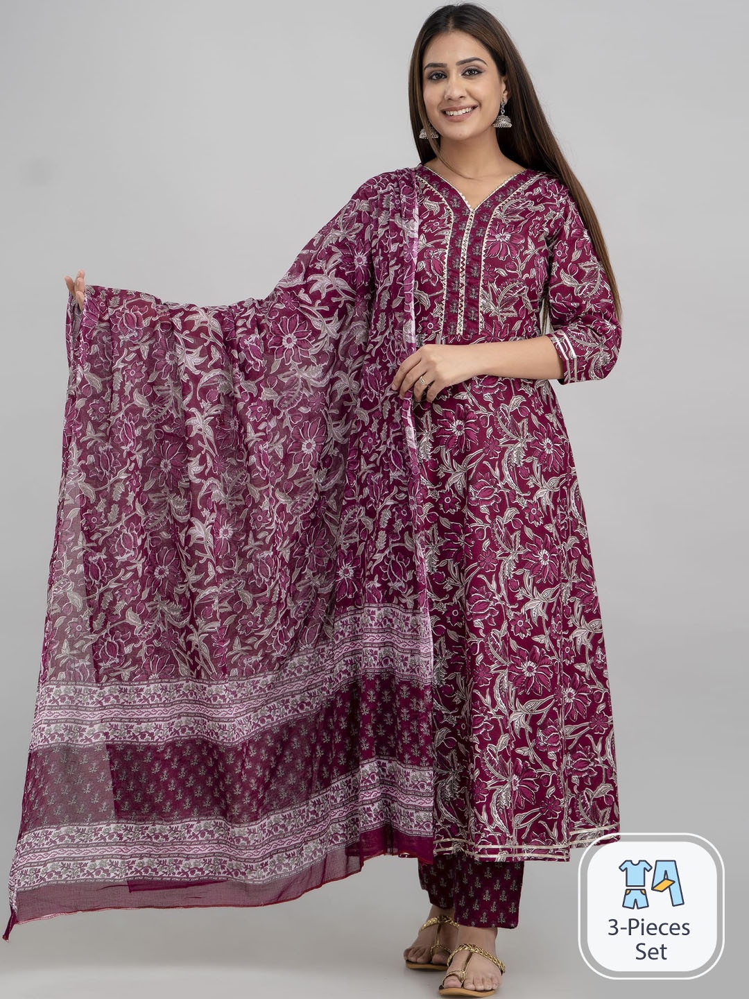 

ANNU PARIDHAN Floral Printed Gotta Patti Pure Cotton A-Line Kurta & Trousers With Dupatta, Maroon