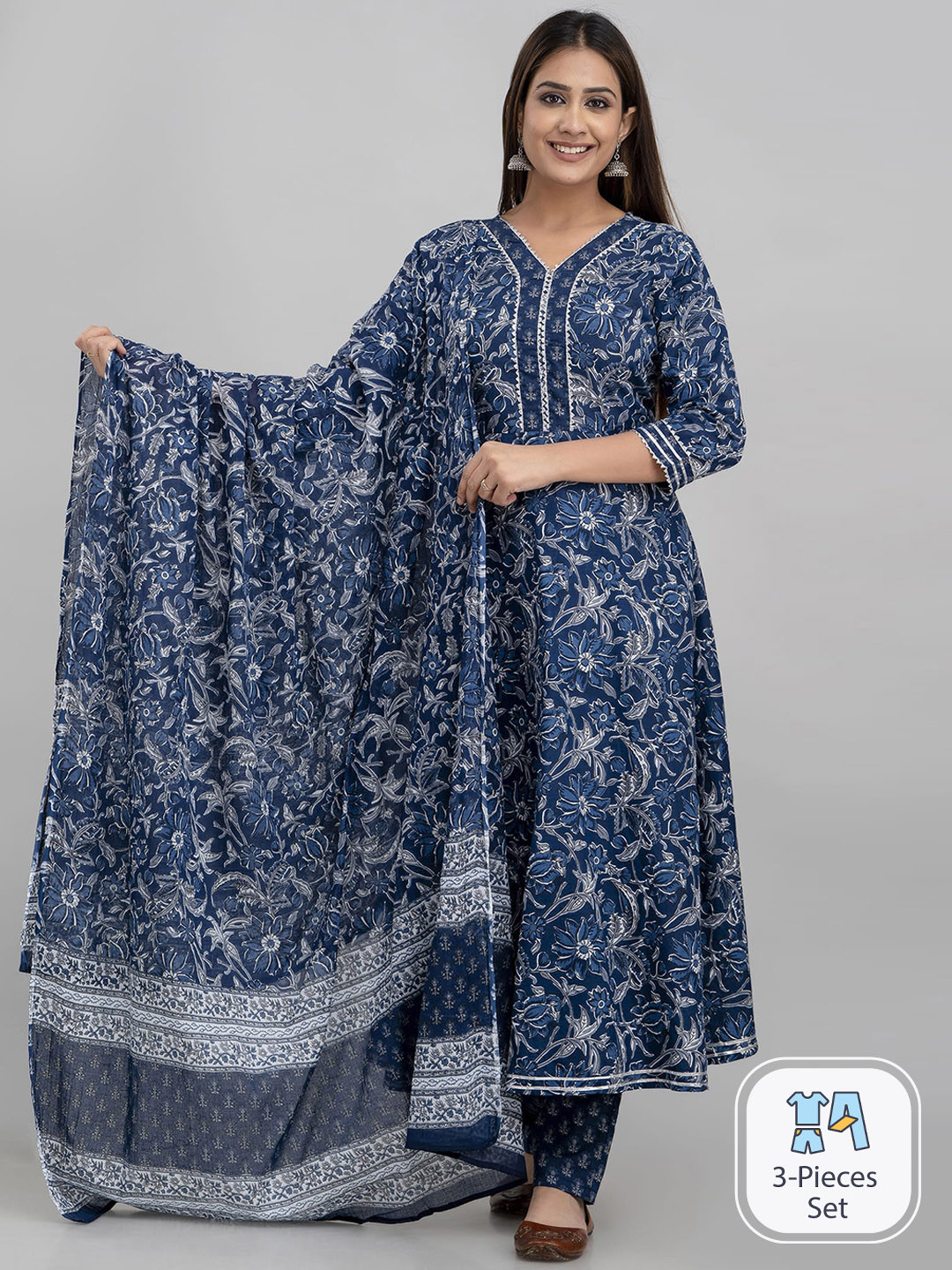 

ANNU PARIDHAN Floral Printed Gotta Patti Pure Cotton A-Line Kurta & Trousers With Dupatta, Blue