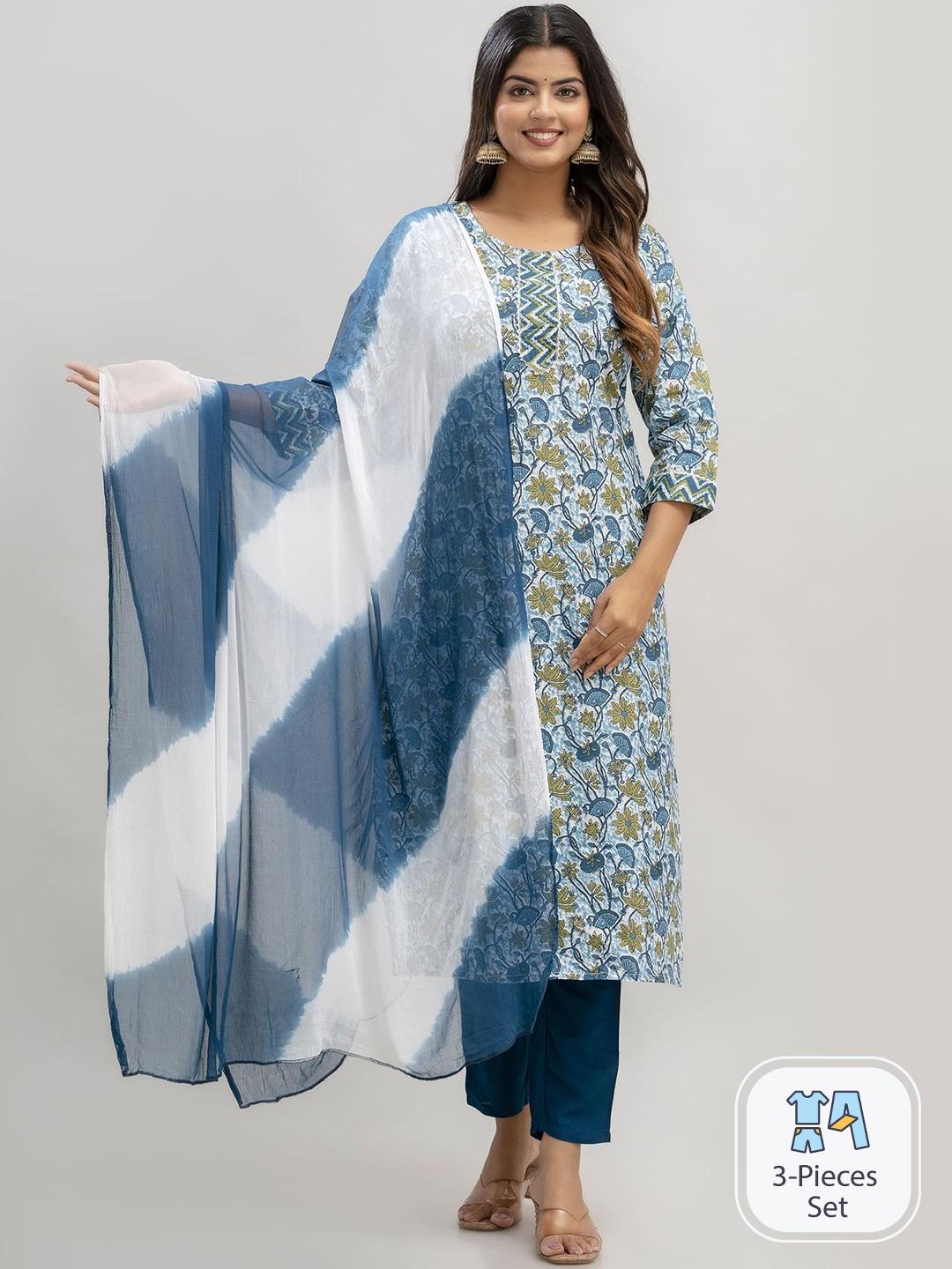 

ANNU PARIDHAN Floral Printed Pure Cotton Straight Kurta & Trousers With Dupatta, Blue