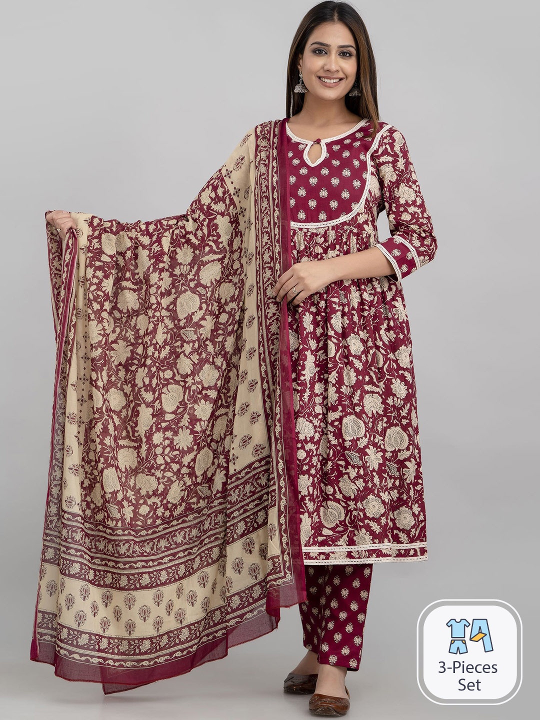 

ANNU PARIDHAN Floral Printed Pleated Pure Cotton A-Line Kurta & Trousers With Dupatta, Maroon