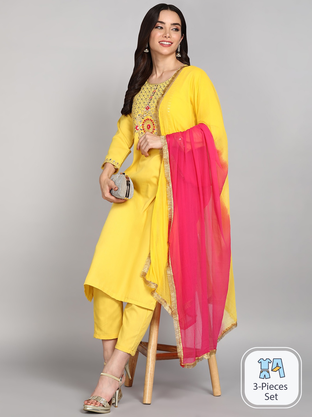 

THE52 Floral Yoke Design Mirror Work Straight Kurta With Trousers & Dupatta, Yellow
