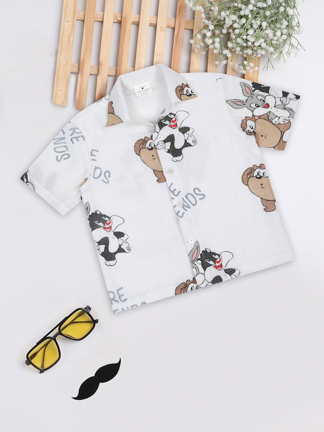 

Little Musketeer Boys Comfort Looney Tunes Printed Spread Collar Cotton Shirt, White