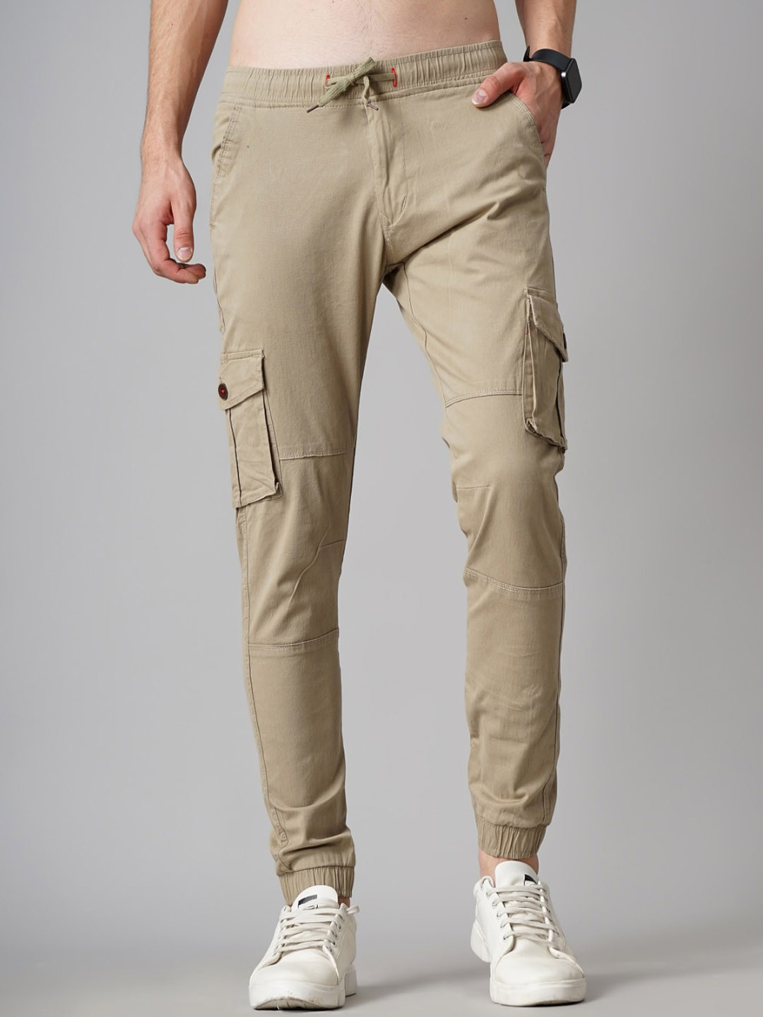 

PAUL STREET Men Smart Slim Fit Cargos Trousers, Beige