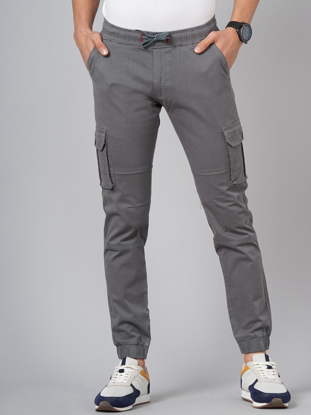 

PAUL STREET Men Smart Slim Fit Cotton Cargos Trousers, Grey