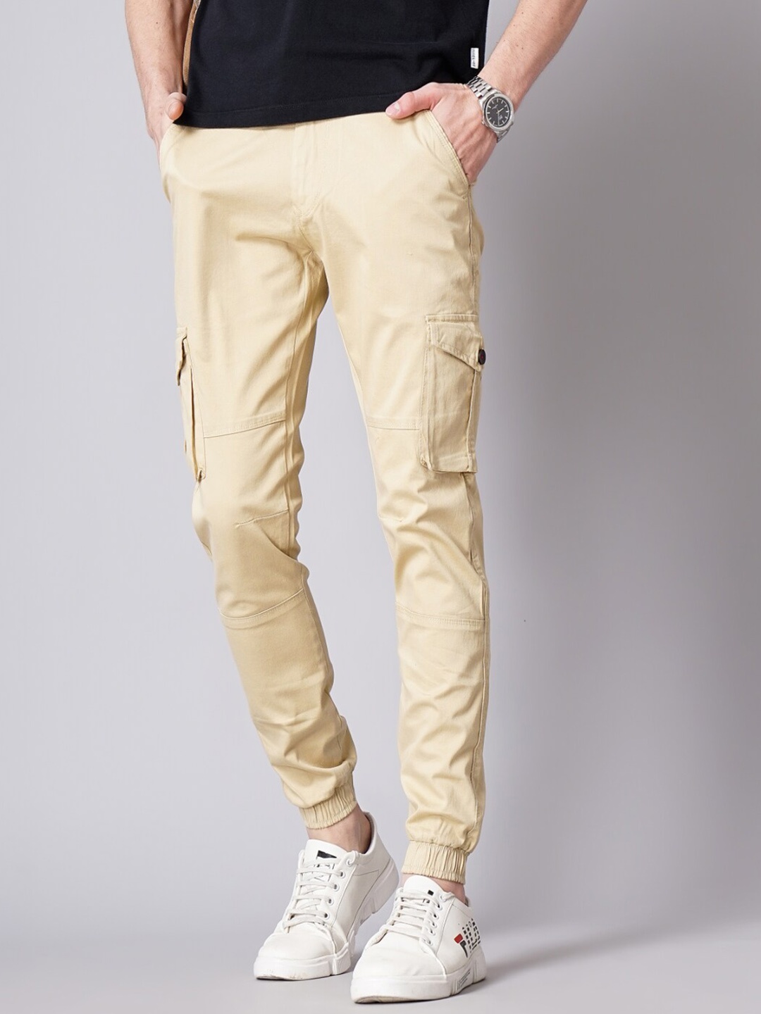 

PAUL STREET Men Smart Slim Fit Mid-Rise Cotton Joggers, Cream
