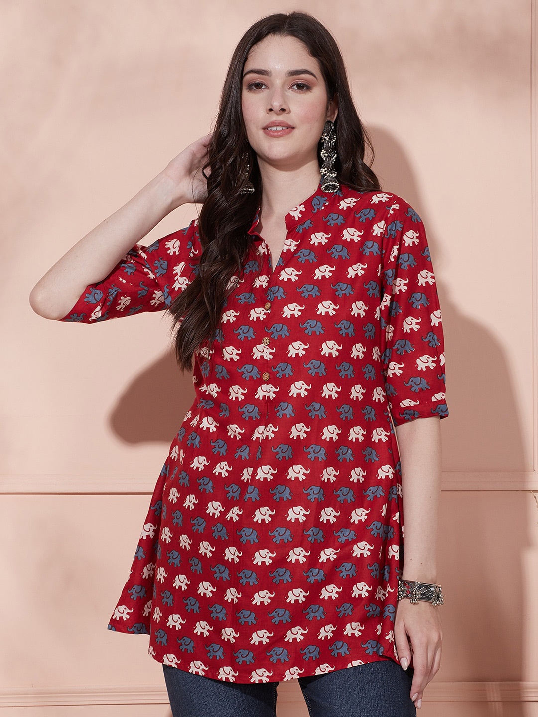 

FASHOR Ethnic Motifs Printed Mandarin Collar Pure Cotton A-Line Kurti, Red