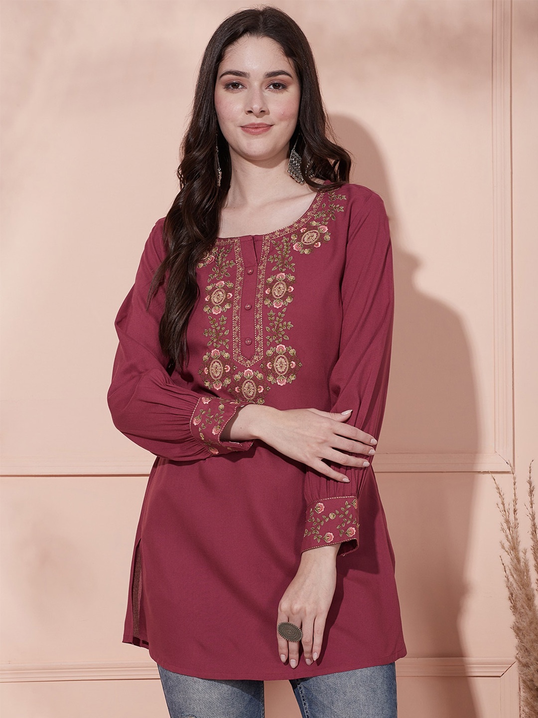 

FASHOR Floral Embroidered Straight Kurti, Mauve