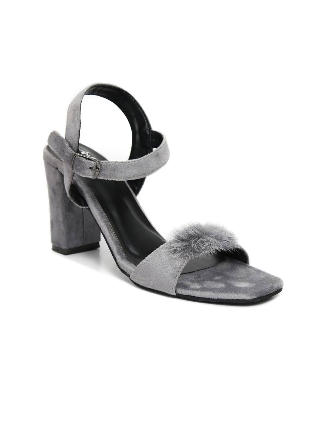 

stylzrepublic Open Toe Fur Suede Block Heels, Grey