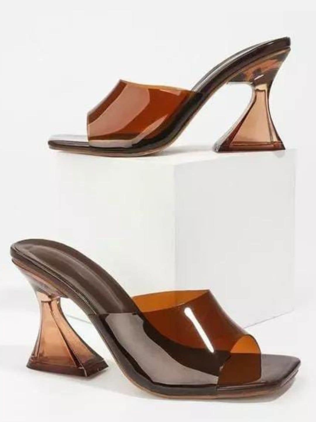 

stylzrepublic Open Toe Pyramid Block Heels, Brown