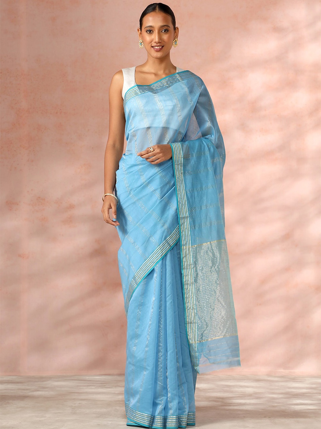 

Taneira Striped Woven Design Zari Silk Cotton Chanderi Saree, Blue