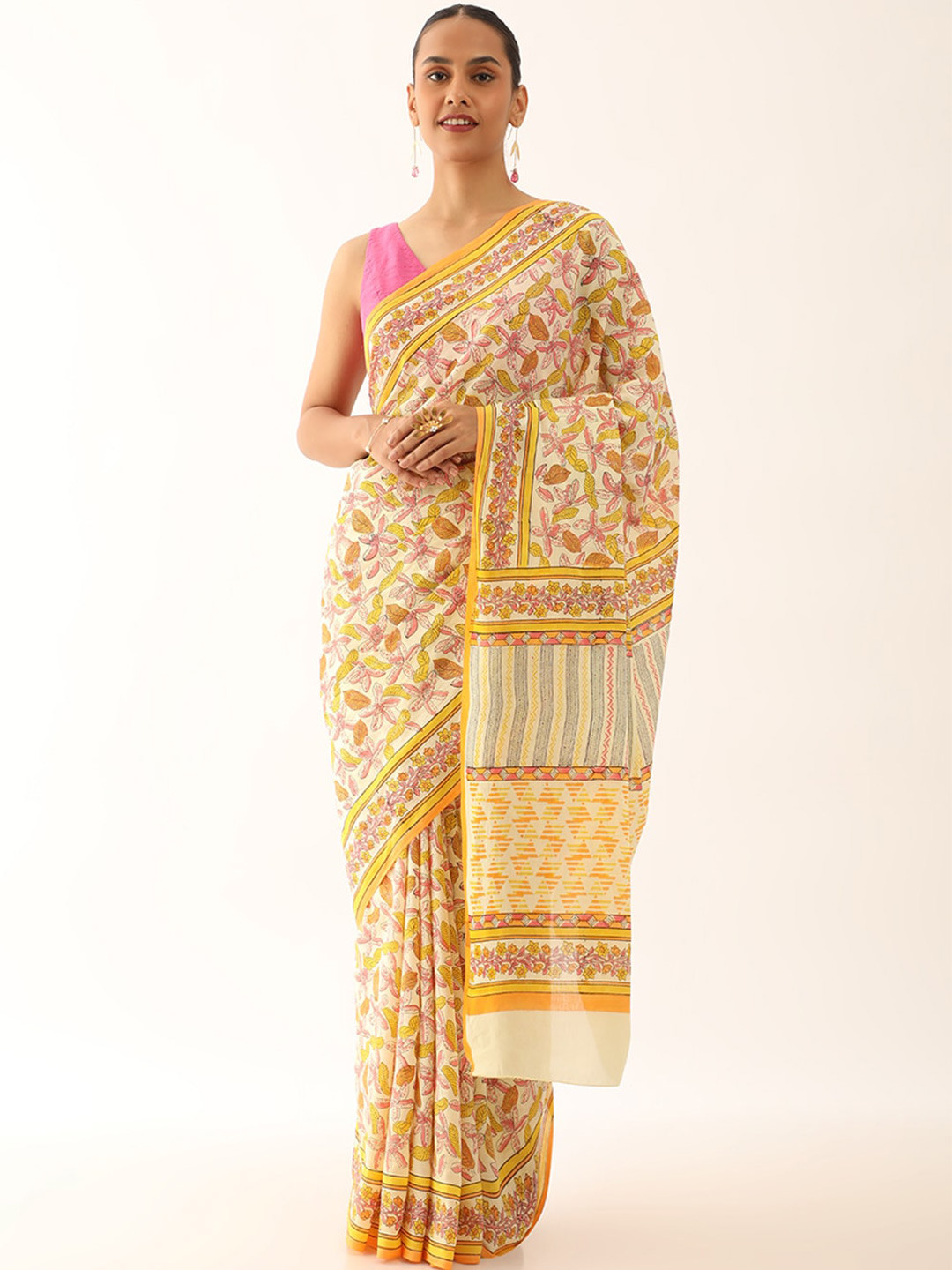 

Taneira Floral Printed Pure Cotton Block Print Saree, Yellow