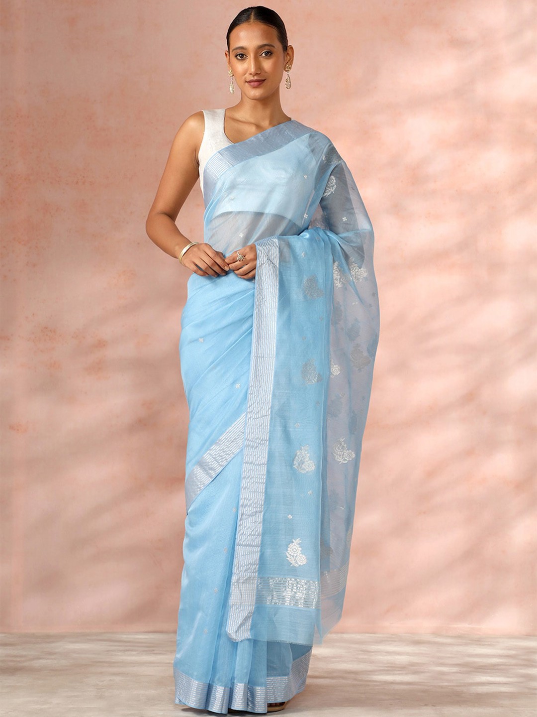 

Taneira Floral Woven Design Zari Silk Cotton Chanderi Saree, Blue