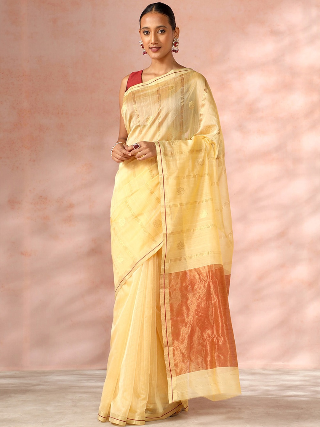 

Taneira Floral Woven Design Zari Chanderi Saree, Orange