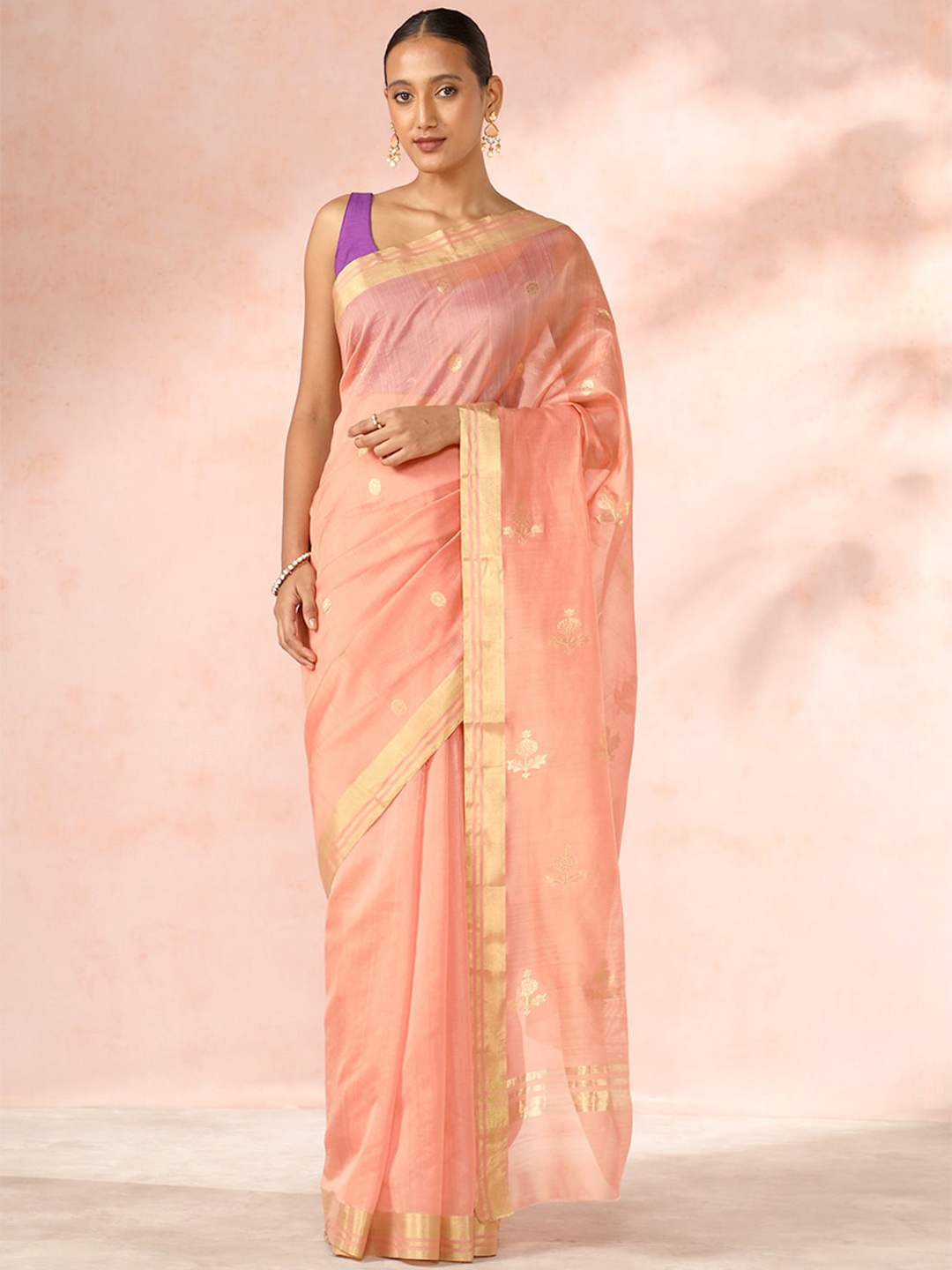 

Taneira Floral Woven Design Zari Silk Cotton Chanderi Saree, Orange