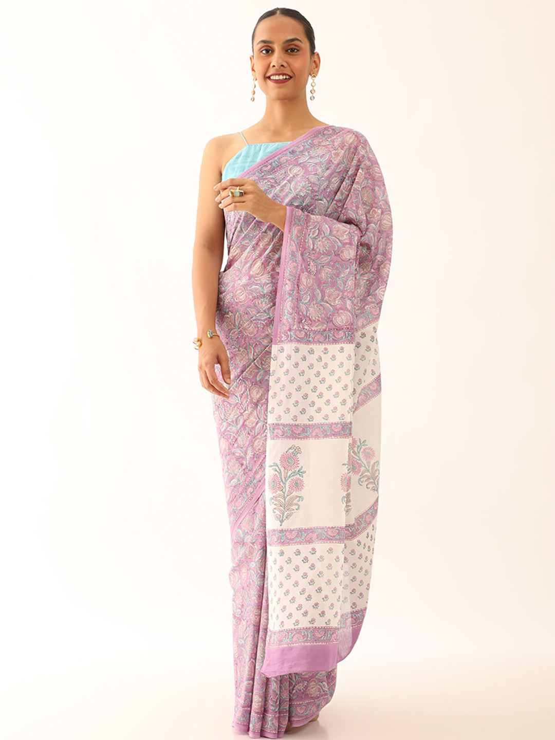 

Taneira Ethnic Motifs Printed Pure Cotton Block Print Saree, Purple