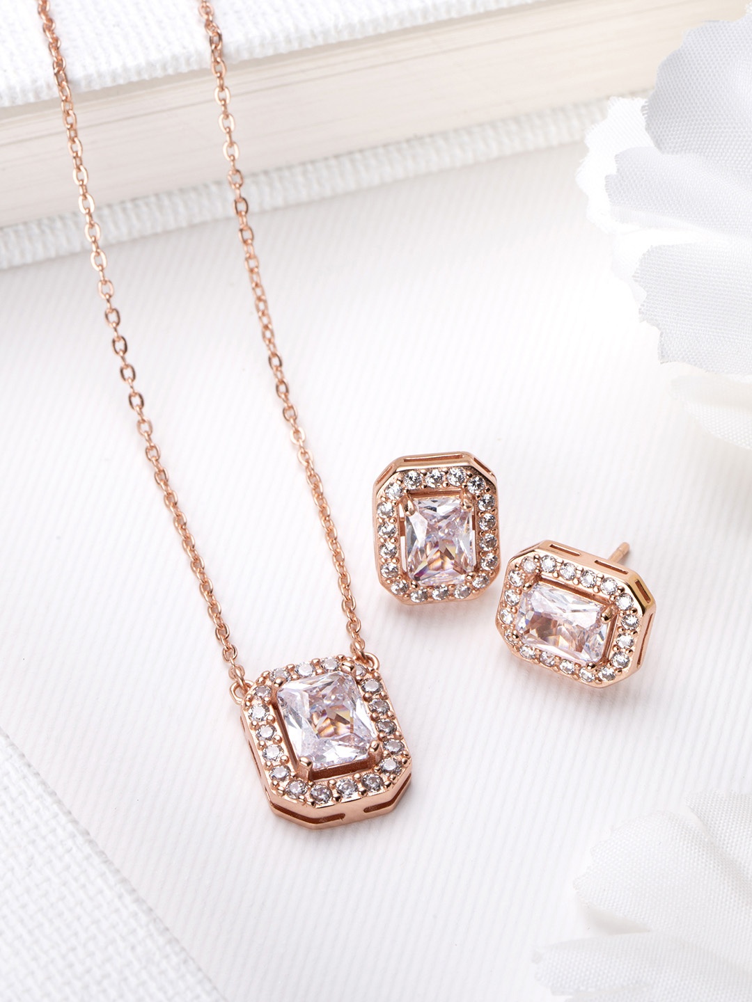 

Zavya Rose Gold-Plated Pearls 925 Pure Sterling Silver CZ Jewellery Set