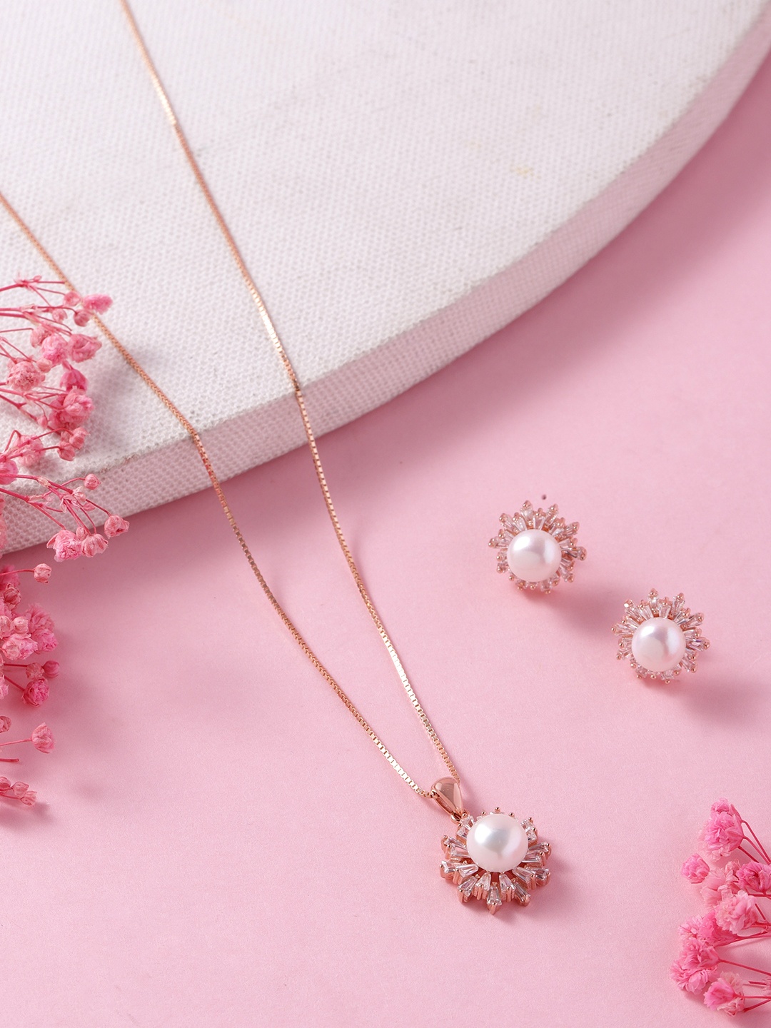 

Zavya Women Rose Gold-Plated Pearl Studded Sterling Silver Jewellery Set