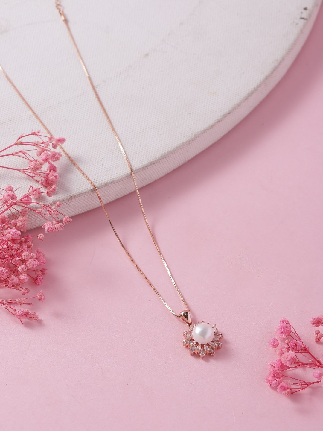 

Zavya Women Rose Gold-Plated Pearl Studded Sterling Silver Floral Pendant with Chain