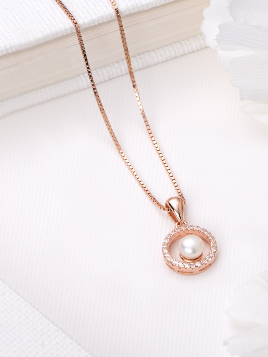 

Zavya Women Rose Gold-Plated CZ & Pearl Studded Sterling Silver Pendant with Chain