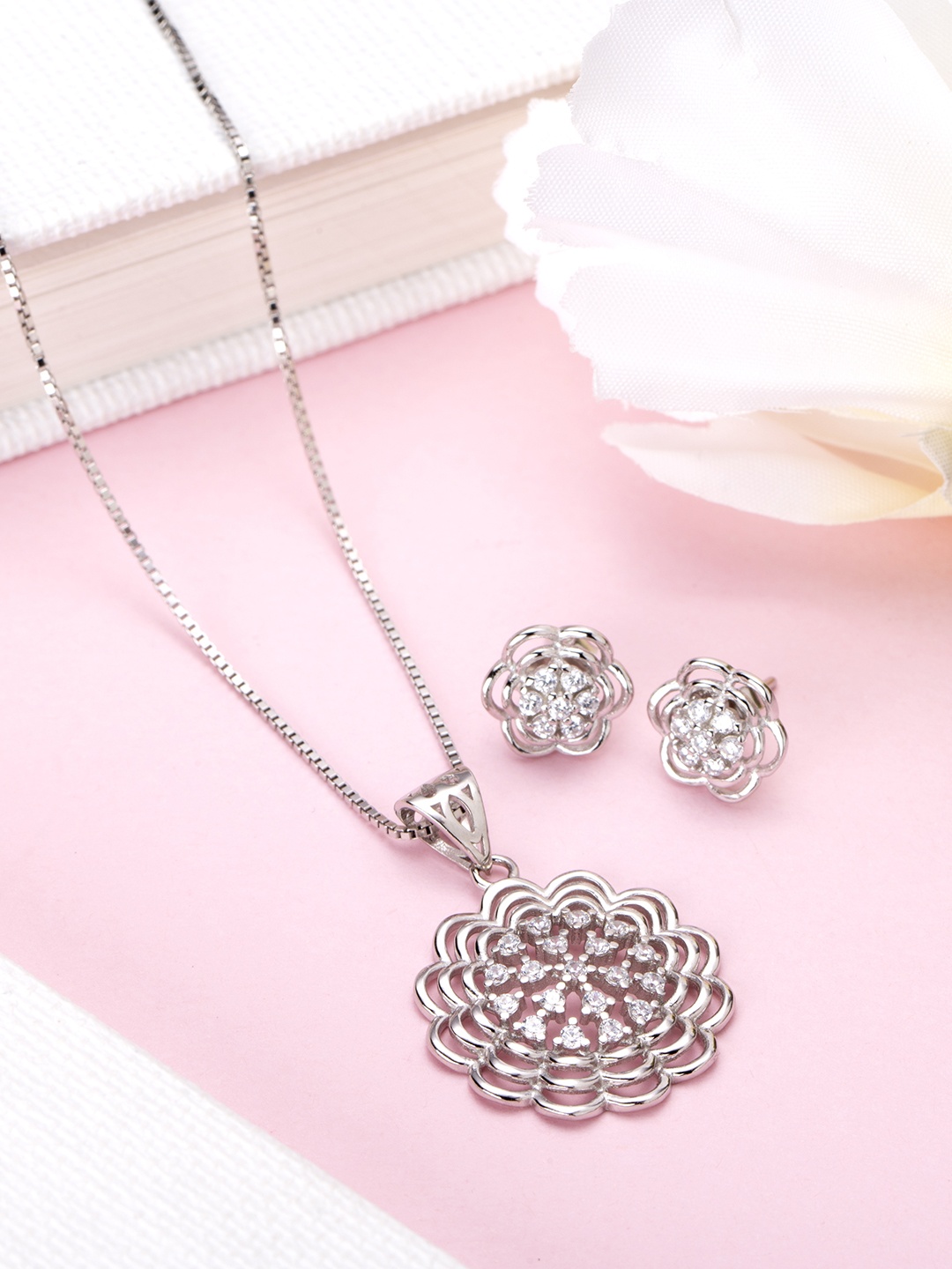 

Zavya 925 Pure Silver CZ-Studded Rhodium-Plated Jewellery Set