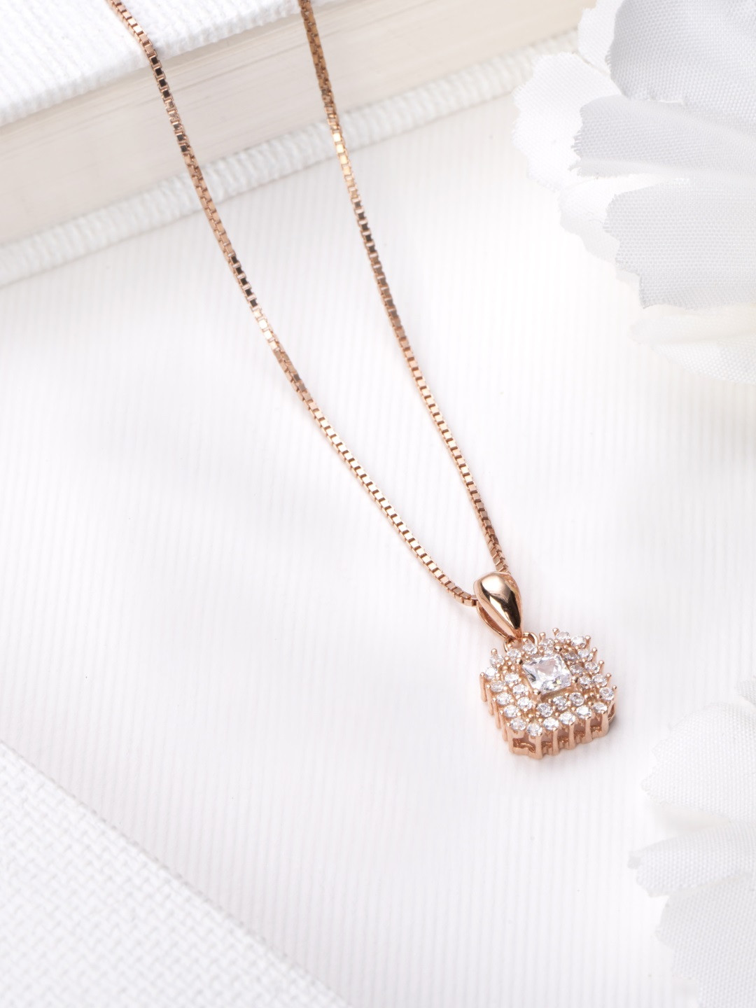 

Zavya Women Rose Gold-Plated CZ Studded Sterling Silver Square Pendant with Chain