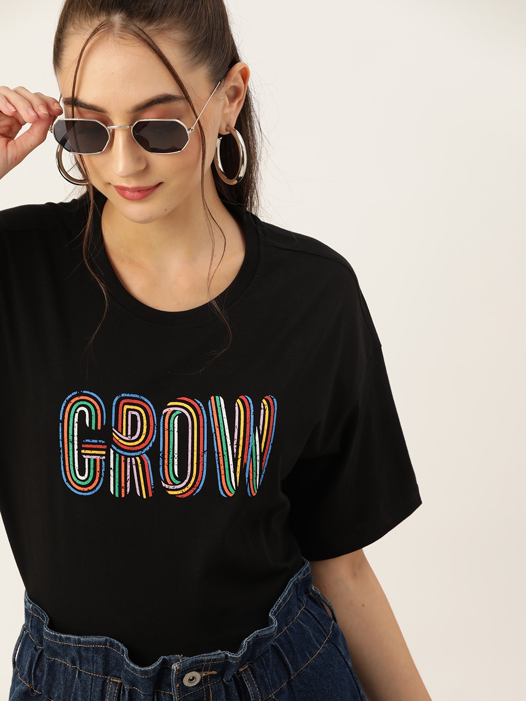 

DressBerry Women Typography Printed Drop-Shoulder Sleeves T-shirt, Black