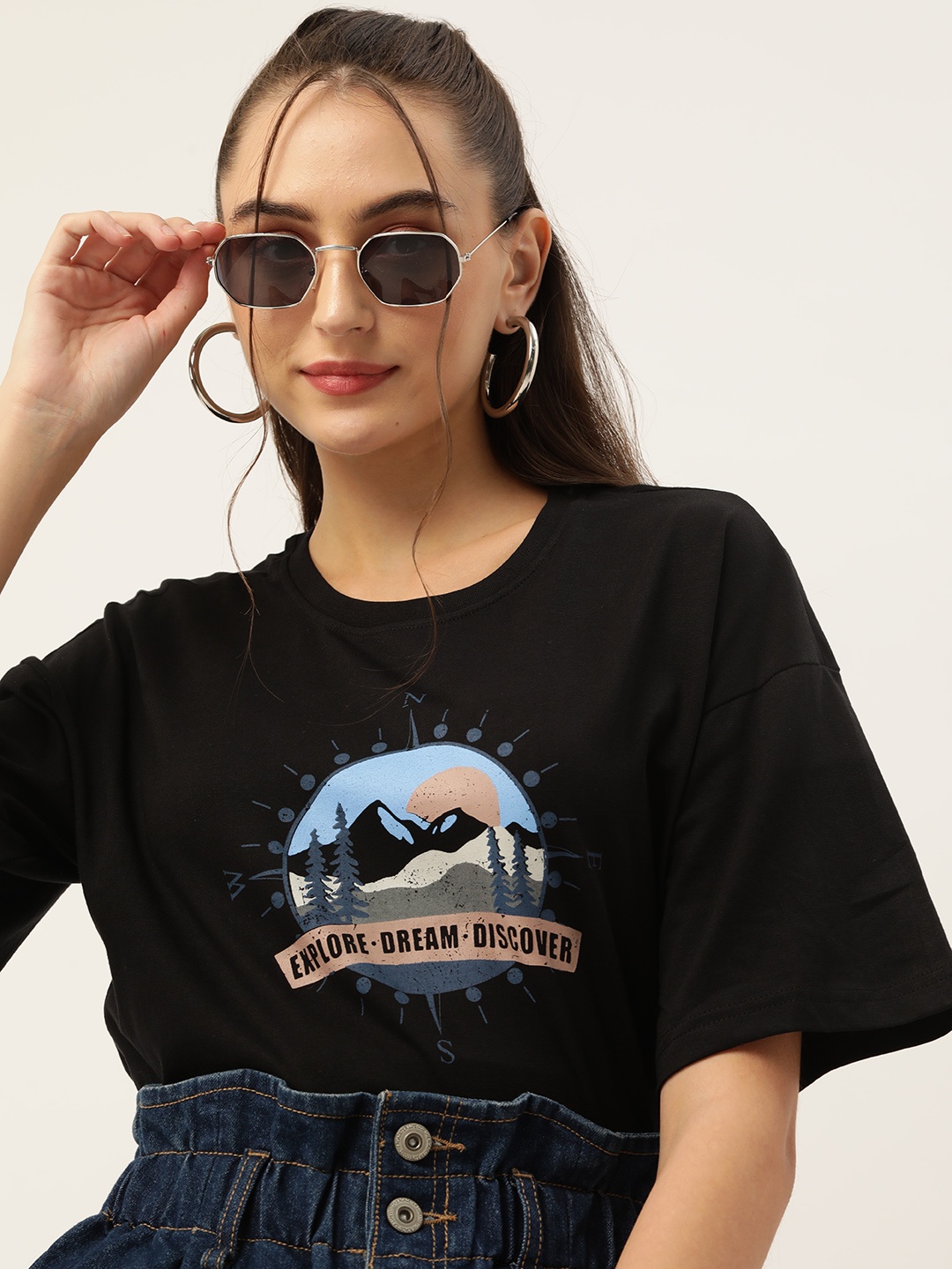 

DressBerry Women Graphic Printed Drop-Shoulder Sleeves T-shirt, Black