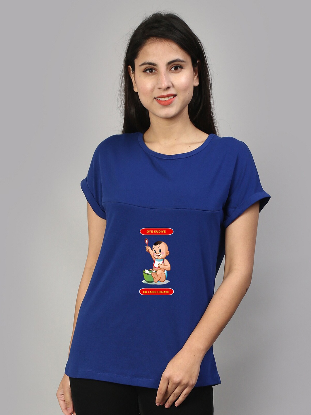 

SillyBoom Graphic Printed Round Neck Extended Sleeves Cotton Maternity T-shirt, Blue