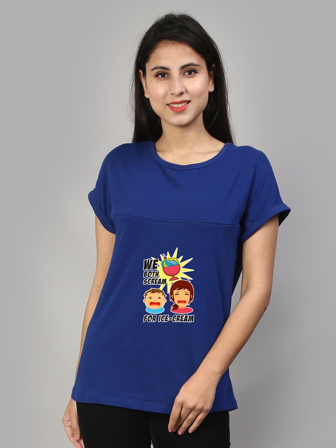 

SillyBoom Graphic Printed Round Neck Extended Sleeves Cotton Maternity T-shirt, Blue