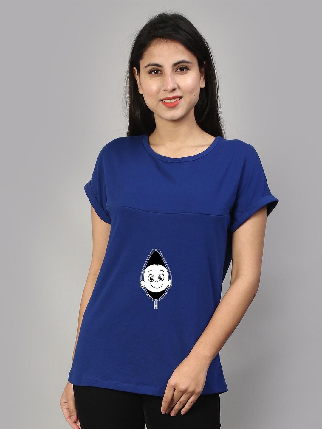 

SillyBoom Graphic Printed Round Neck Extended Sleeves Cotton Maternity T-shirt, Blue