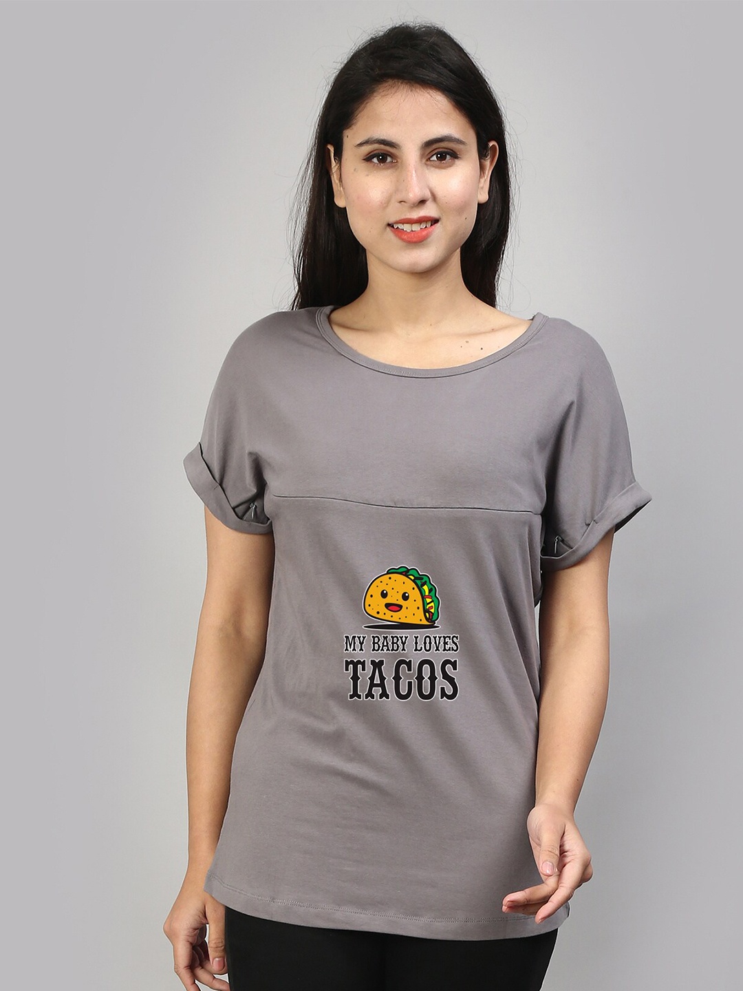 

SillyBoom Typographic Printed Extended Sleeves Maternity T-shirt, Grey