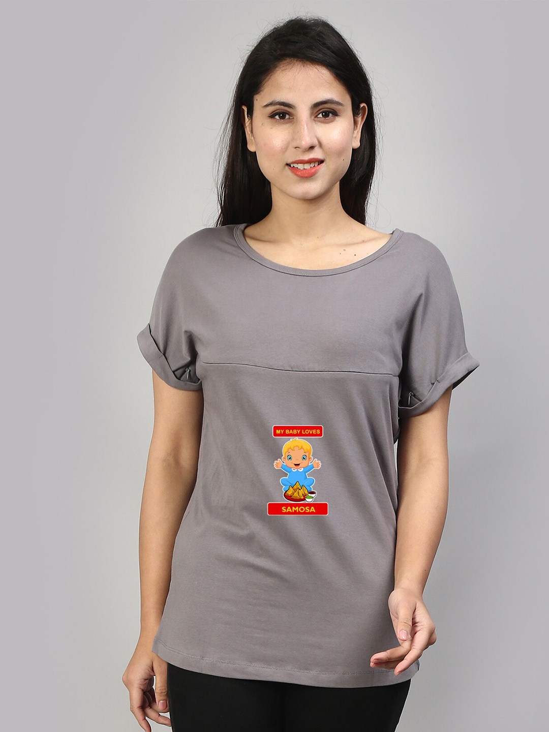 

SillyBoom Graphic Printed Round Neck Extended Sleeves Cotton Maternity T-shirt, Grey