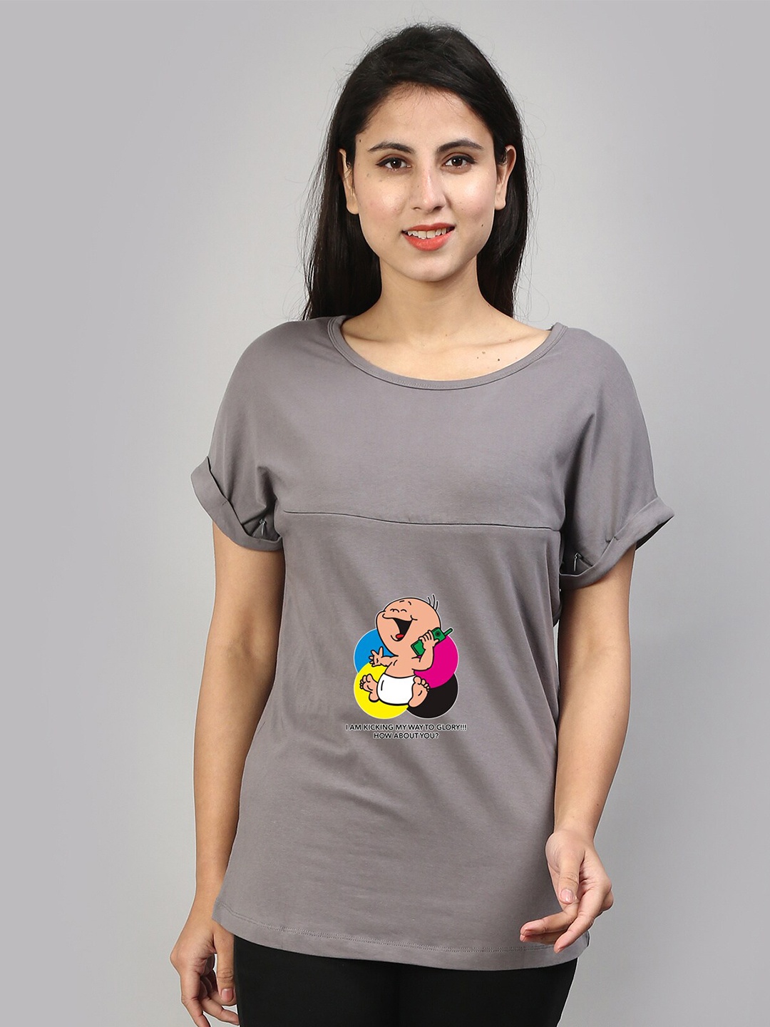 

SillyBoom Graphic Printed Extended Sleeves Maternity T-shirt, Grey